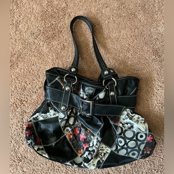 Handbags - Black & Patchwork Bucket Style Handbag Metal Studs and Double Handles